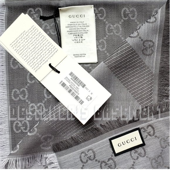 GUCCI 2-tone Steel Gray GGWEB giant 55"-sqr wool/silk pashmina shawl scarf NWT - Picture 5 of 7